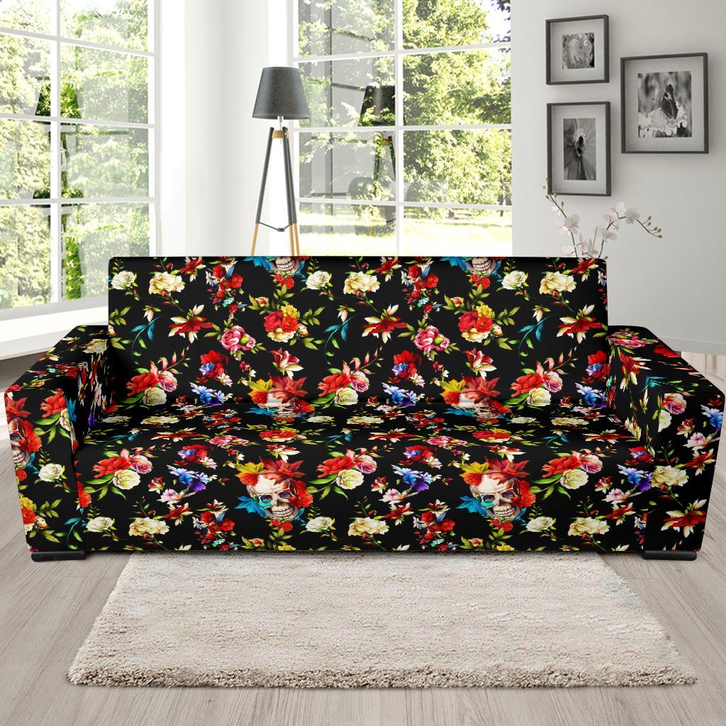 Skull Roses Flower Design Themed Print Sofa Slipcover-JTAMIGO.COM