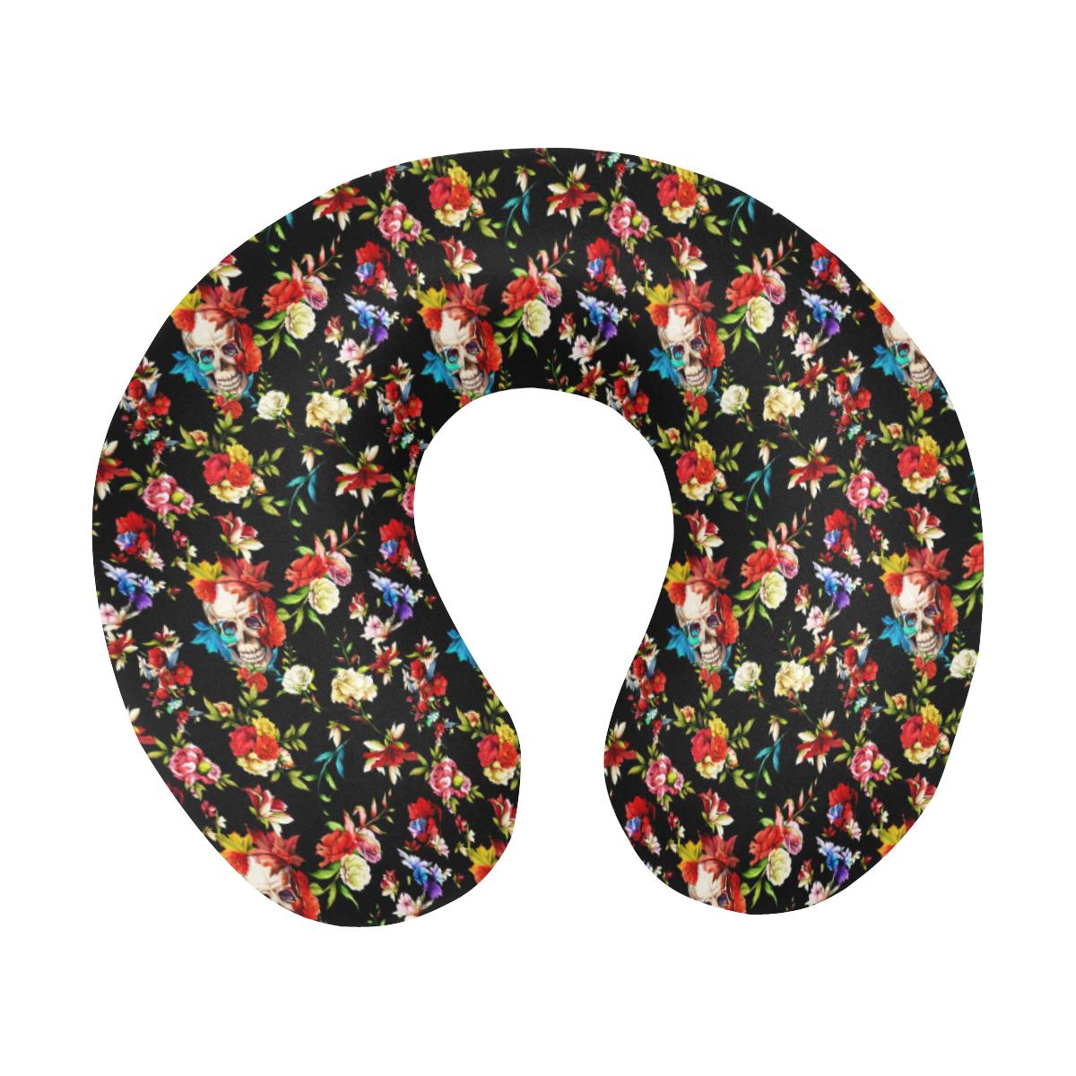 Skull Roses Flower Design Themed Print U-Shaped Travel Neck Pillow-JTAMIGO.COM