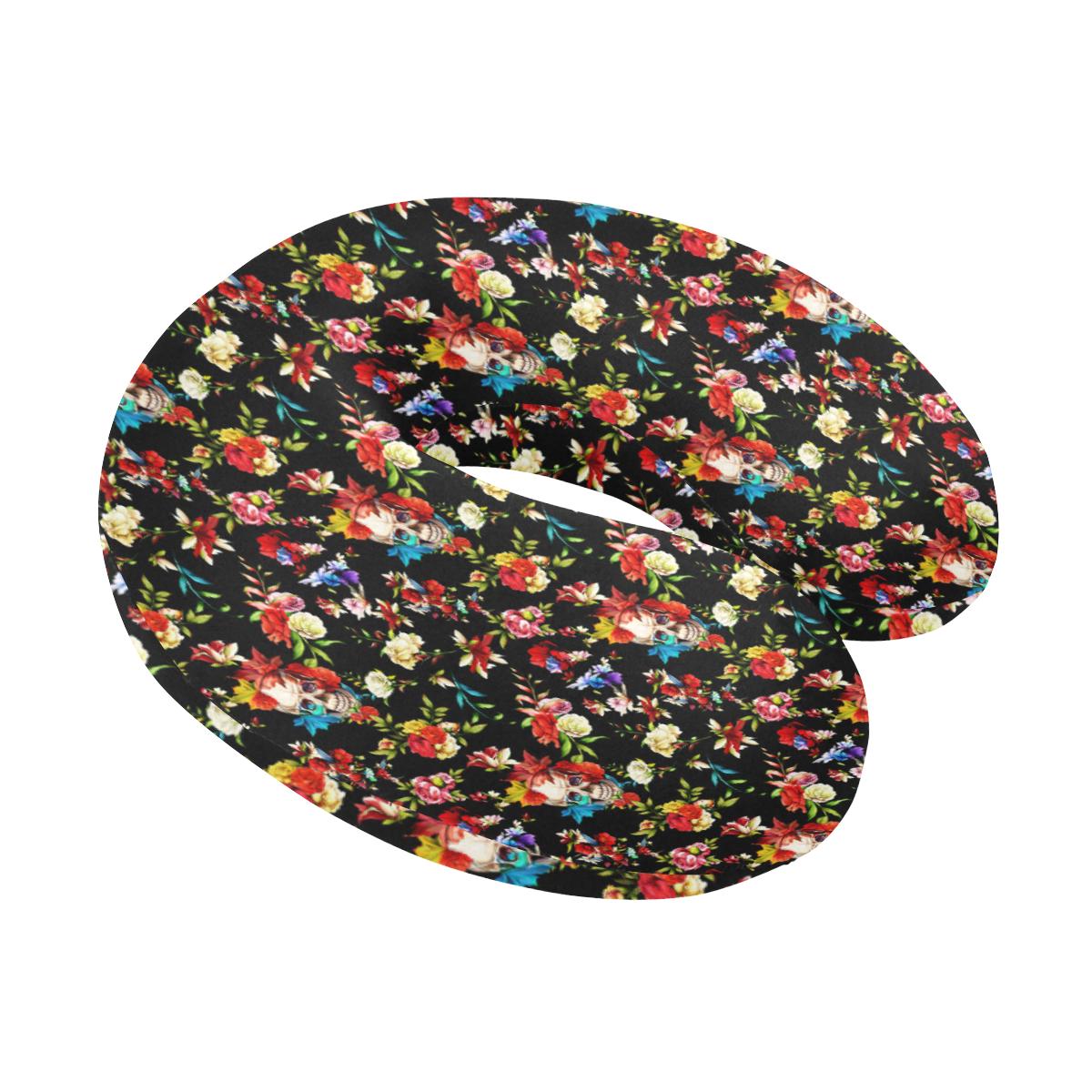 Skull Roses Flower Design Themed Print U-Shaped Travel Neck Pillow-JTAMIGO.COM