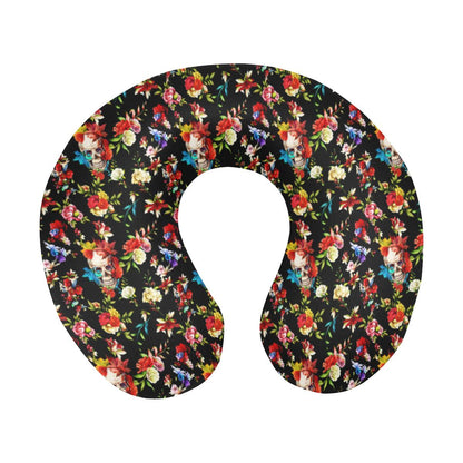 Skull Roses Flower Design Themed Print U-Shaped Travel Neck Pillow-JTAMIGO.COM