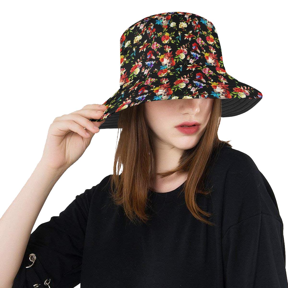 Skull Roses Flower Design Themed Print Unisex Bucket Hat