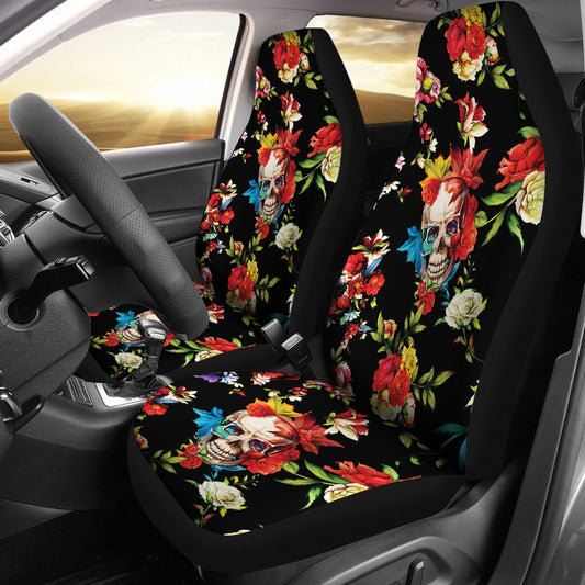 Skull Roses Flower Design Themed Print Universal Fit Car Seat Covers