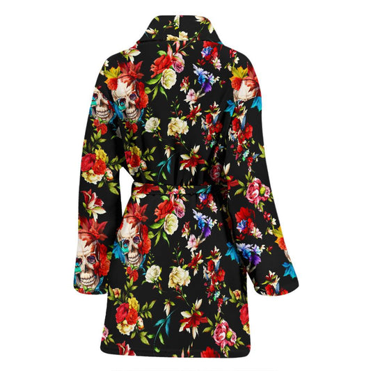 Skull Roses Flower Design Themed Print Women Bath Robe-JTAMIGO.COM