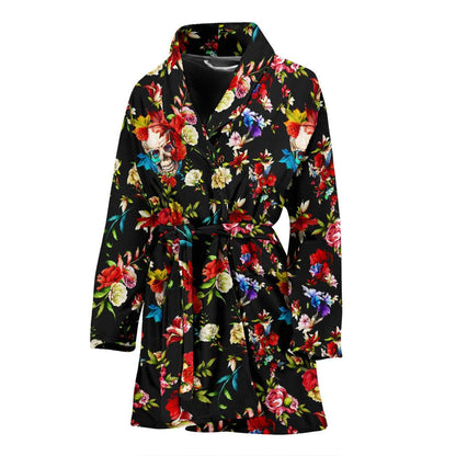 Skull Roses Flower Design Themed Print Women Bath Robe-JTAMIGO.COM