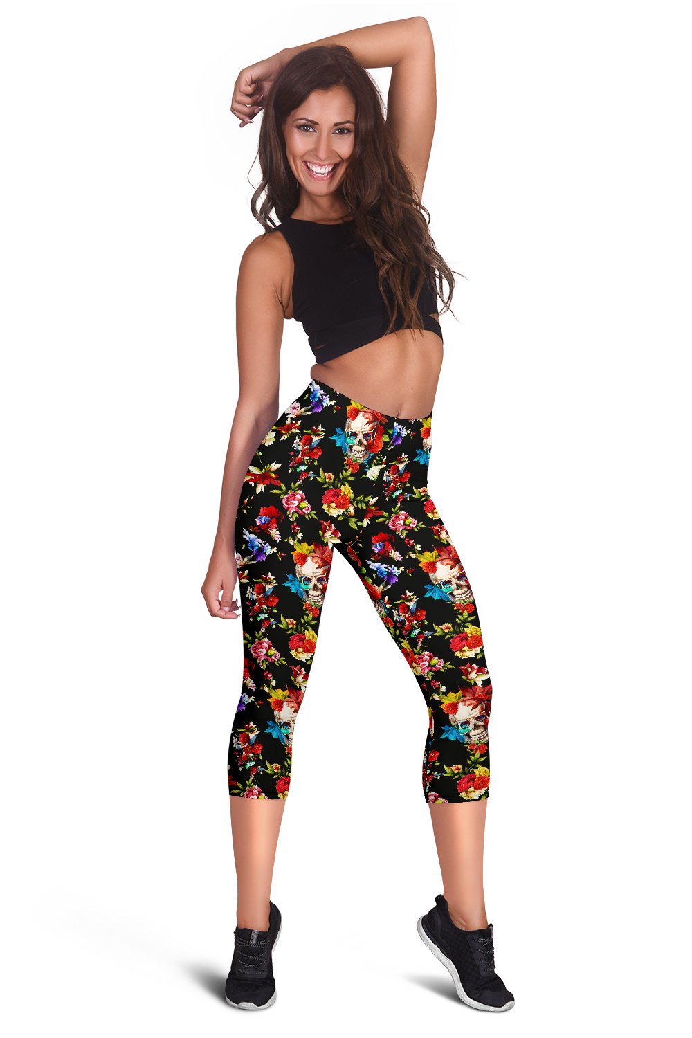 Skull Roses Flower Design Themed Print Women Capris