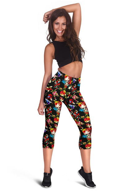 Skull Roses Flower Design Themed Print Women Capris