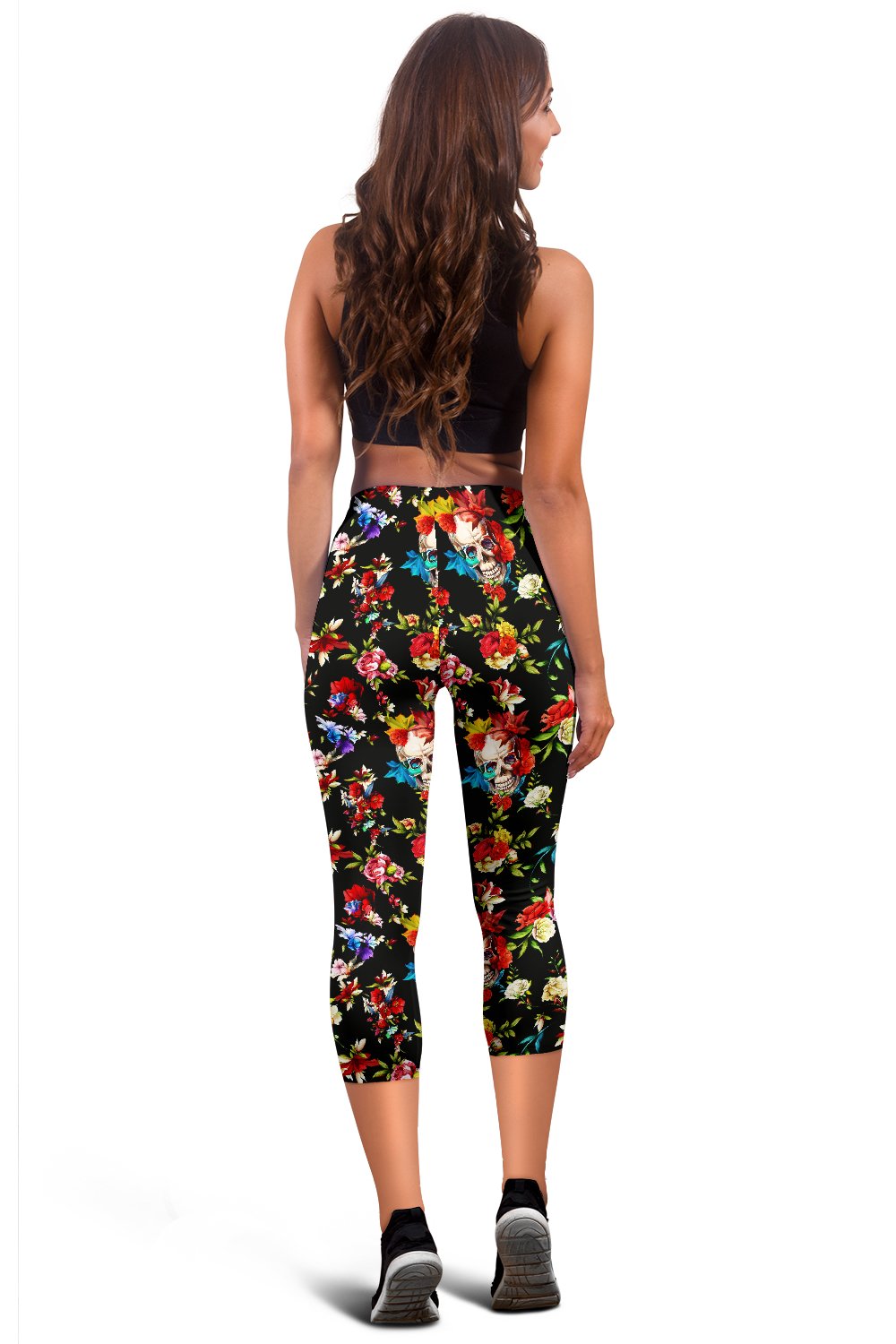 Skull Roses Flower Design Themed Print Women Capris