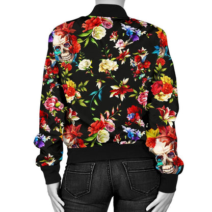 Skull Roses Flower Design Themed Print Women Casual Bomber Jacket