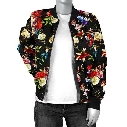 Skull Roses Flower Design Themed Print Women Casual Bomber Jacket