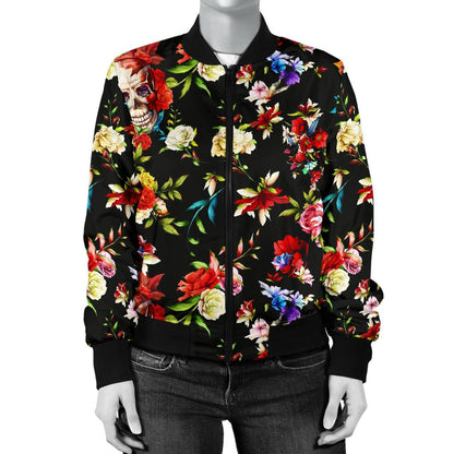 Skull Roses Flower Design Themed Print Women Casual Bomber Jacket
