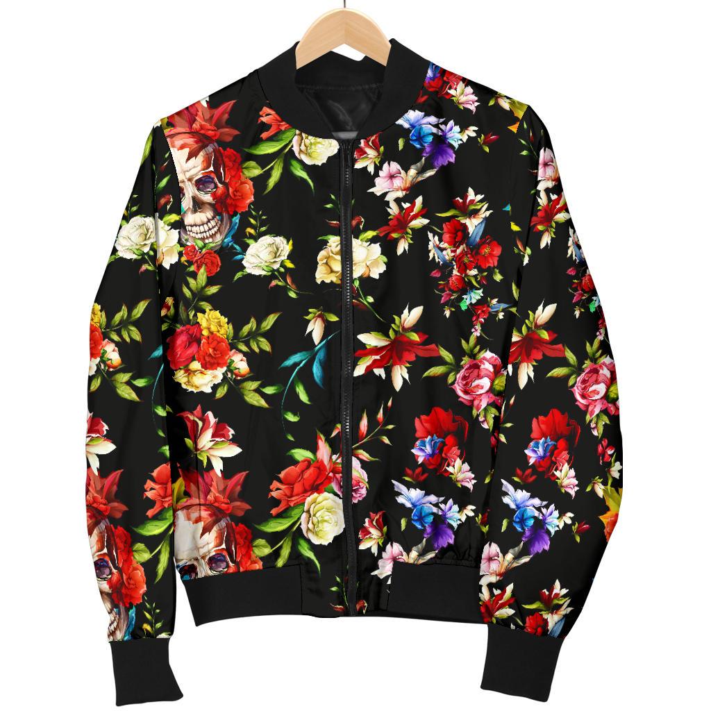 Skull Roses Flower Design Themed Print Women Casual Bomber Jacket