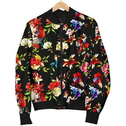 Skull Roses Flower Design Themed Print Women Casual Bomber Jacket