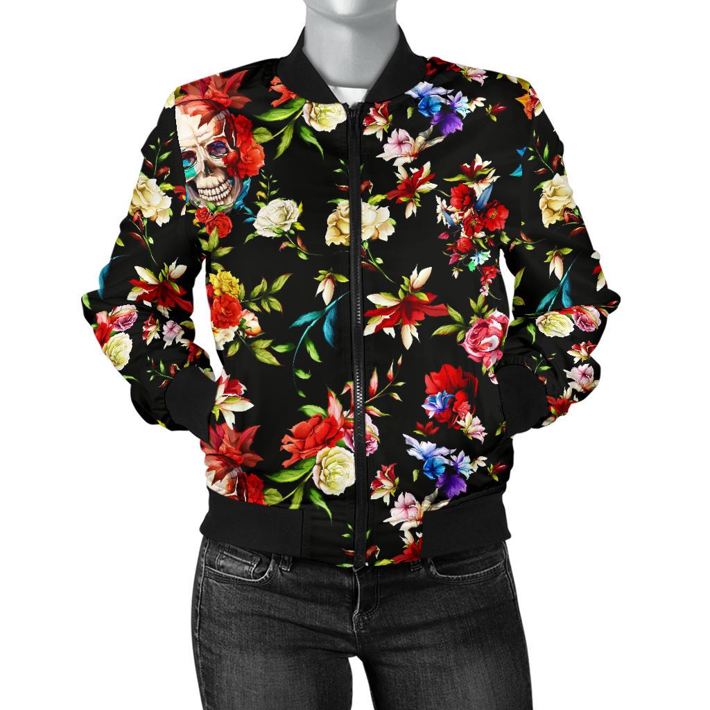 Skull Roses Flower Design Themed Print Women Casual Bomber Jacket