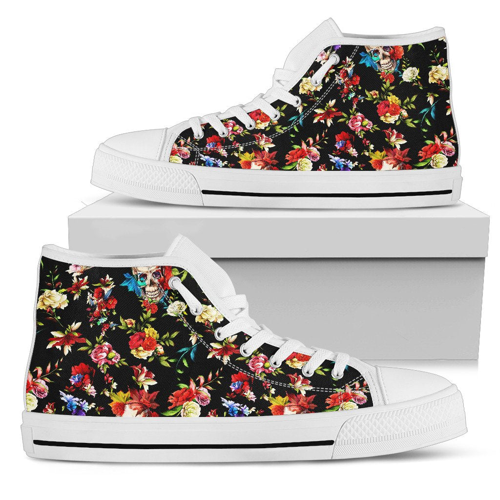 Skull Roses Flower Design Themed Print Women High Top Shoes