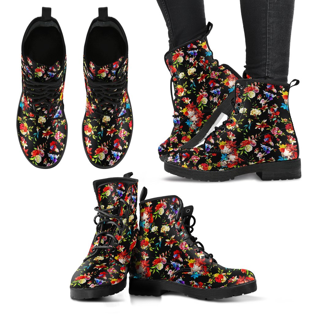 Skull Roses Flower Design Themed Print Women Leather Boots-JTAMIGO.COM