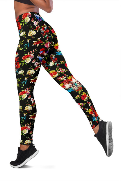 Skull Roses Flower Design Themed Print Women Leggings