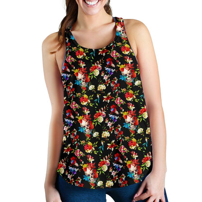 Skull Roses Flower Design Themed Print Women Racerback Tank Top