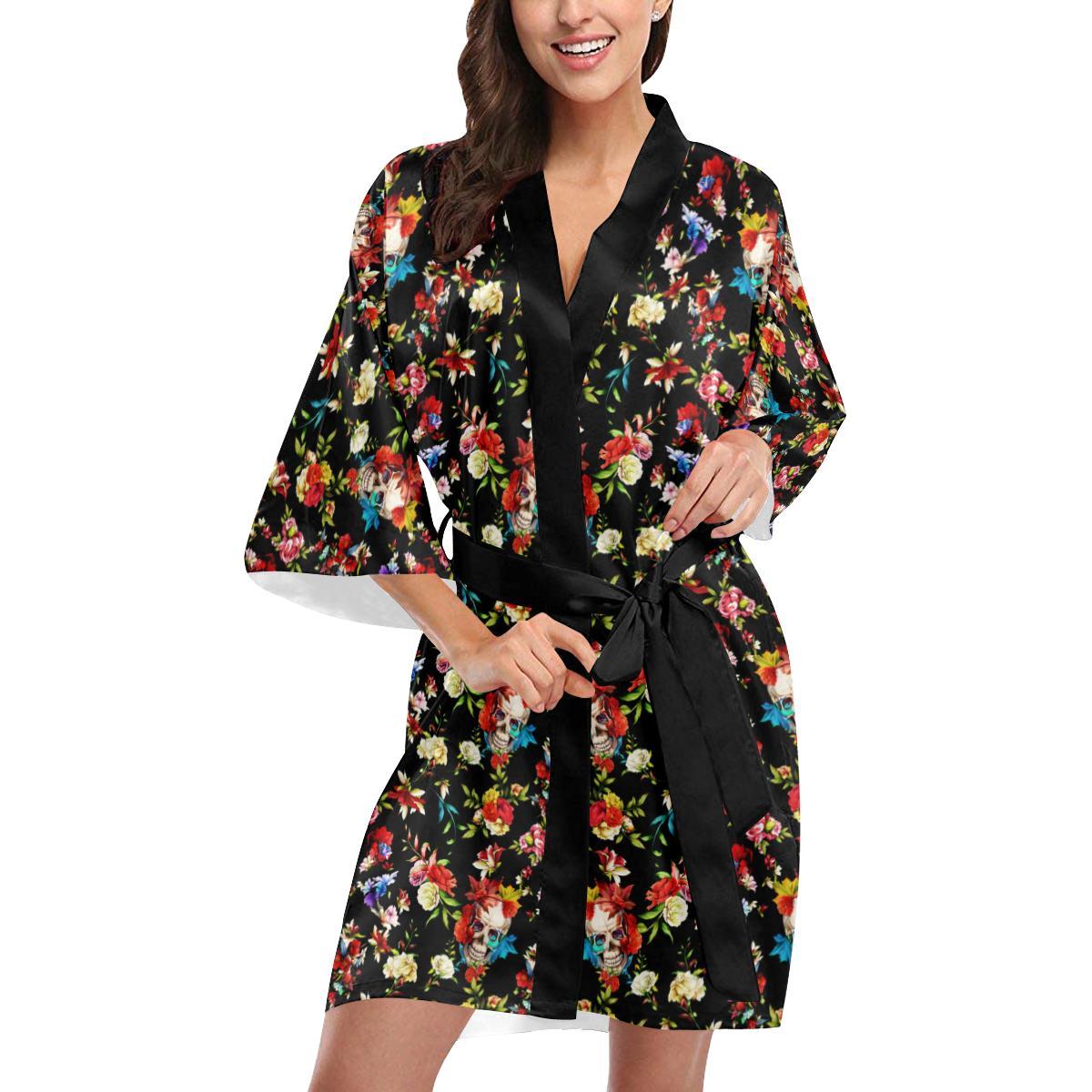 Skull Roses Flower Design Themed Print Women Short Kimono Robe