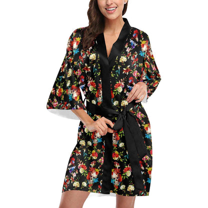 Skull Roses Flower Design Themed Print Women Short Kimono Robe