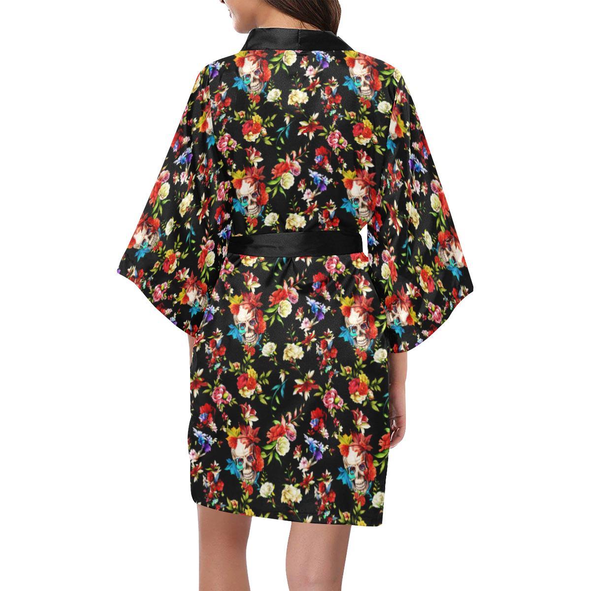Skull Roses Flower Design Themed Print Women Short Kimono Robe