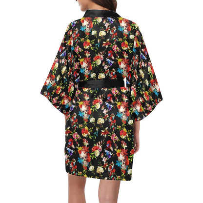 Skull Roses Flower Design Themed Print Women Short Kimono Robe