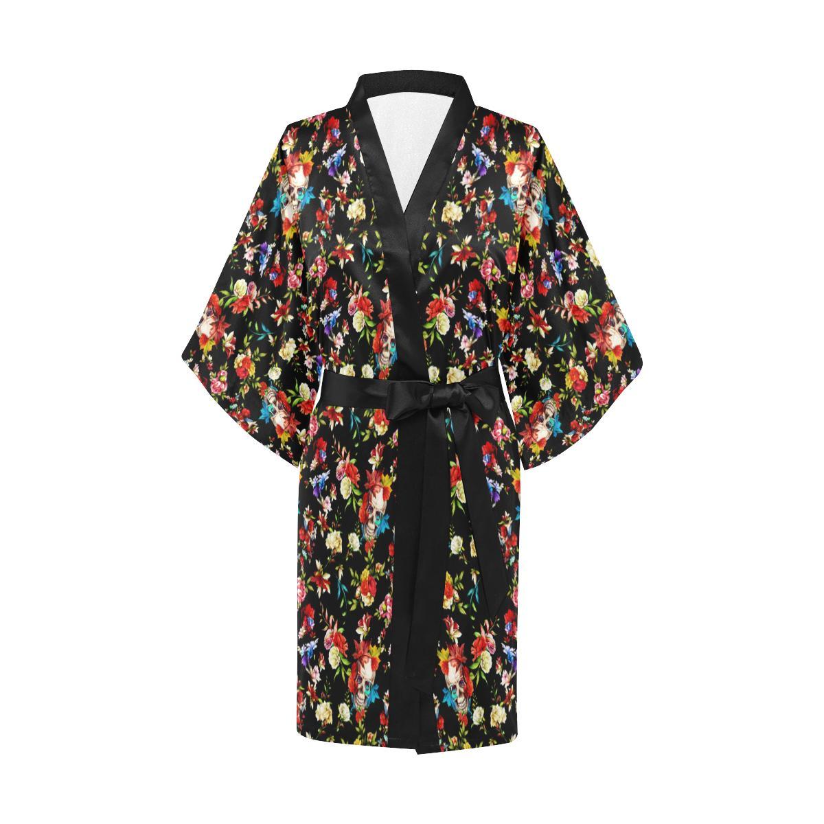 Skull Roses Flower Design Themed Print Women Short Kimono Robe