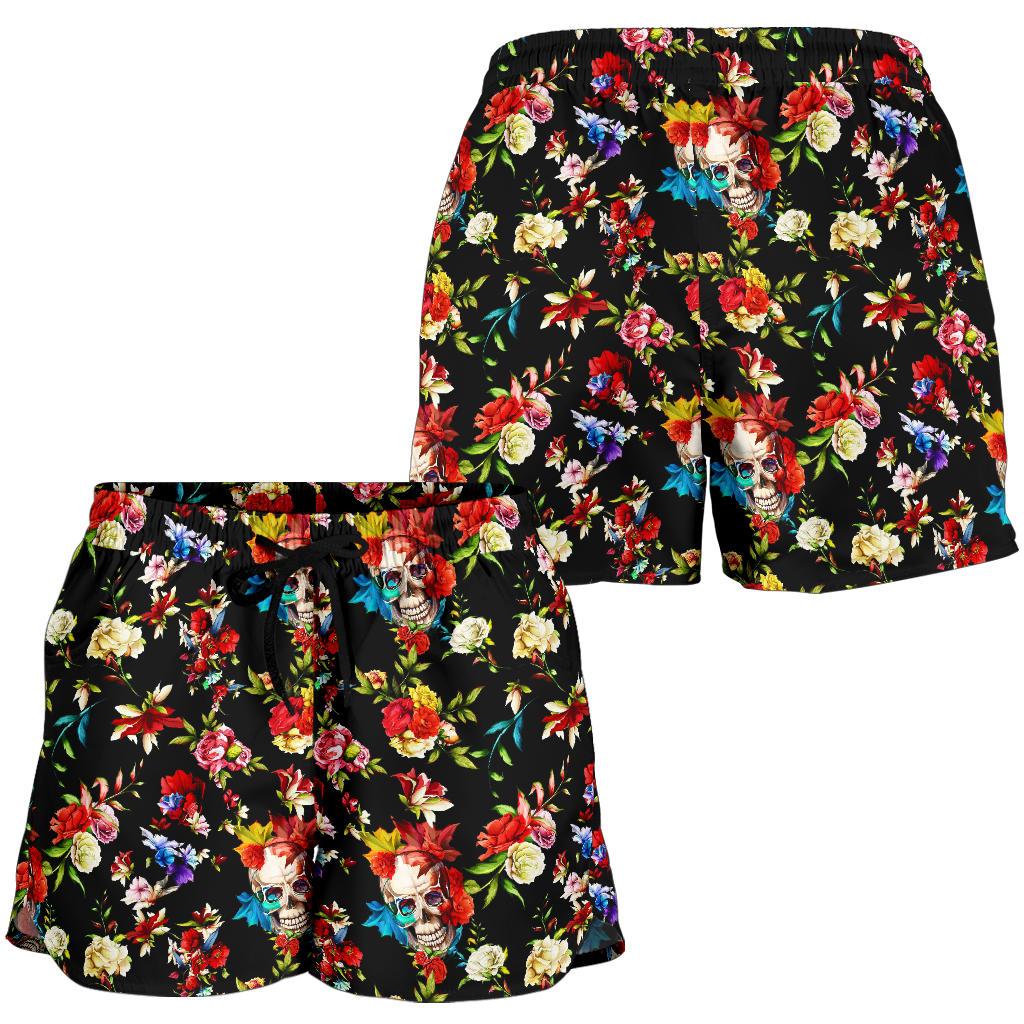Skull Roses Flower Design Themed Print Women Shorts-JTAMIGO.COM