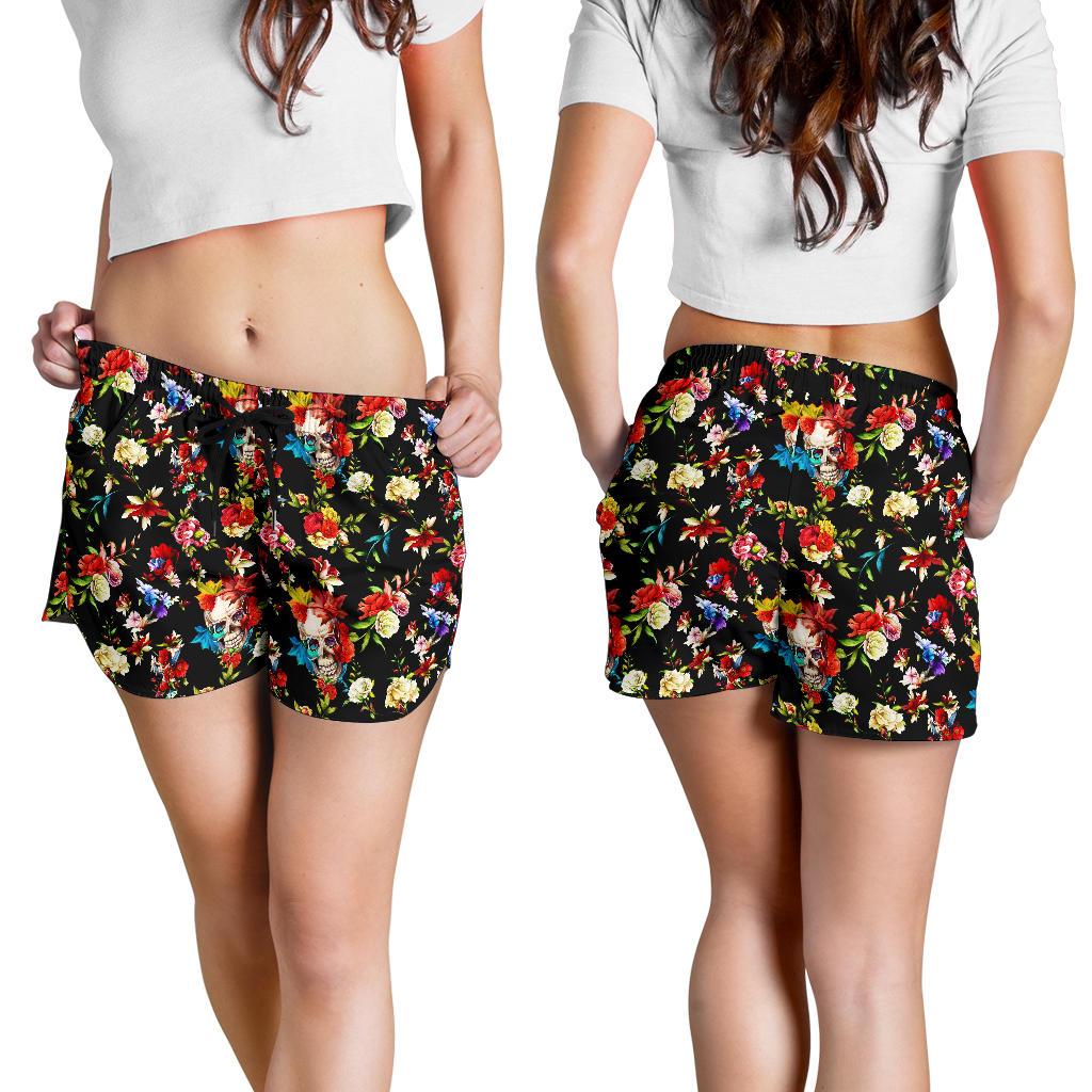 Skull Roses Flower Design Themed Print Women Shorts-JTAMIGO.COM