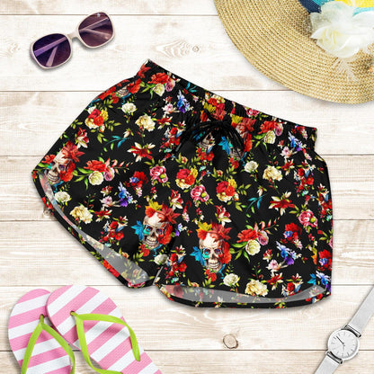 Skull Roses Flower Design Themed Print Women Shorts-JTAMIGO.COM