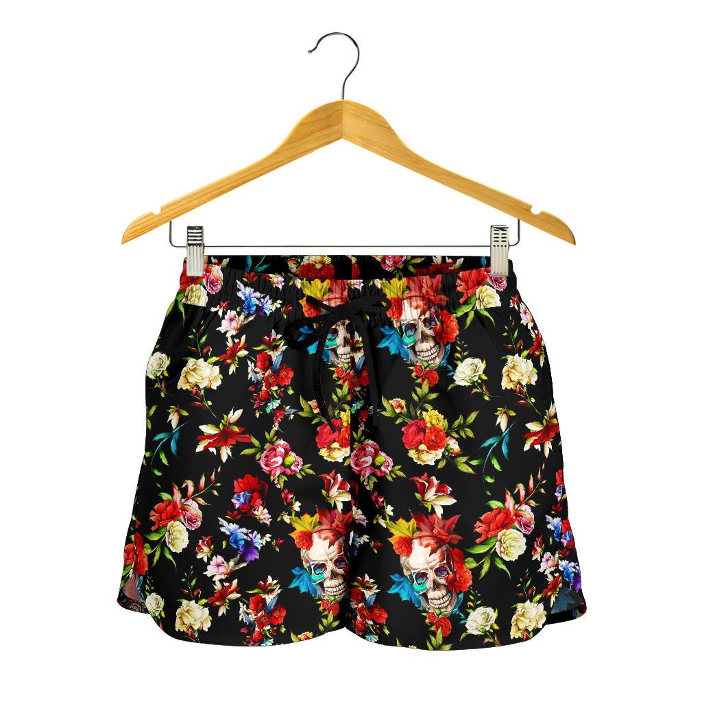 Skull Roses Flower Design Themed Print Women Shorts-JTAMIGO.COM