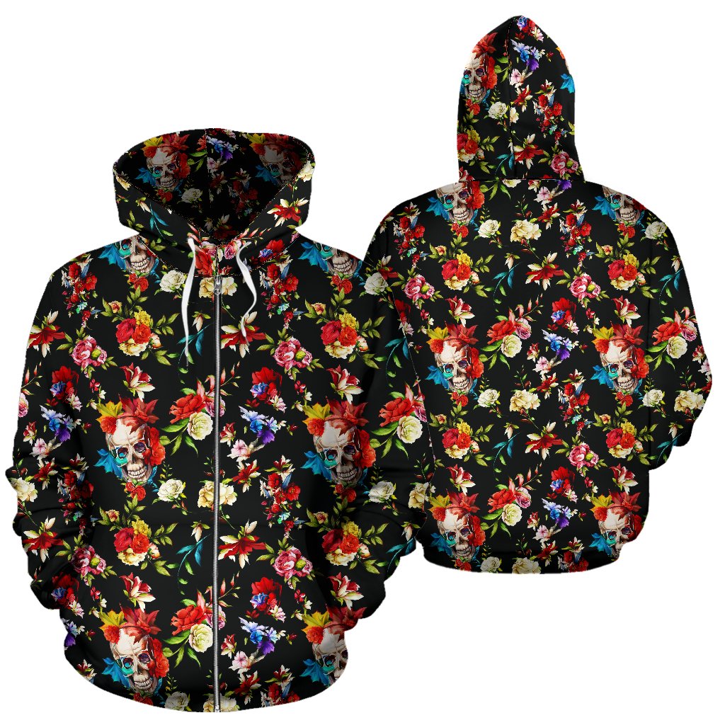 Skull Roses Flower Design Themed Print Zip Up Hoodie