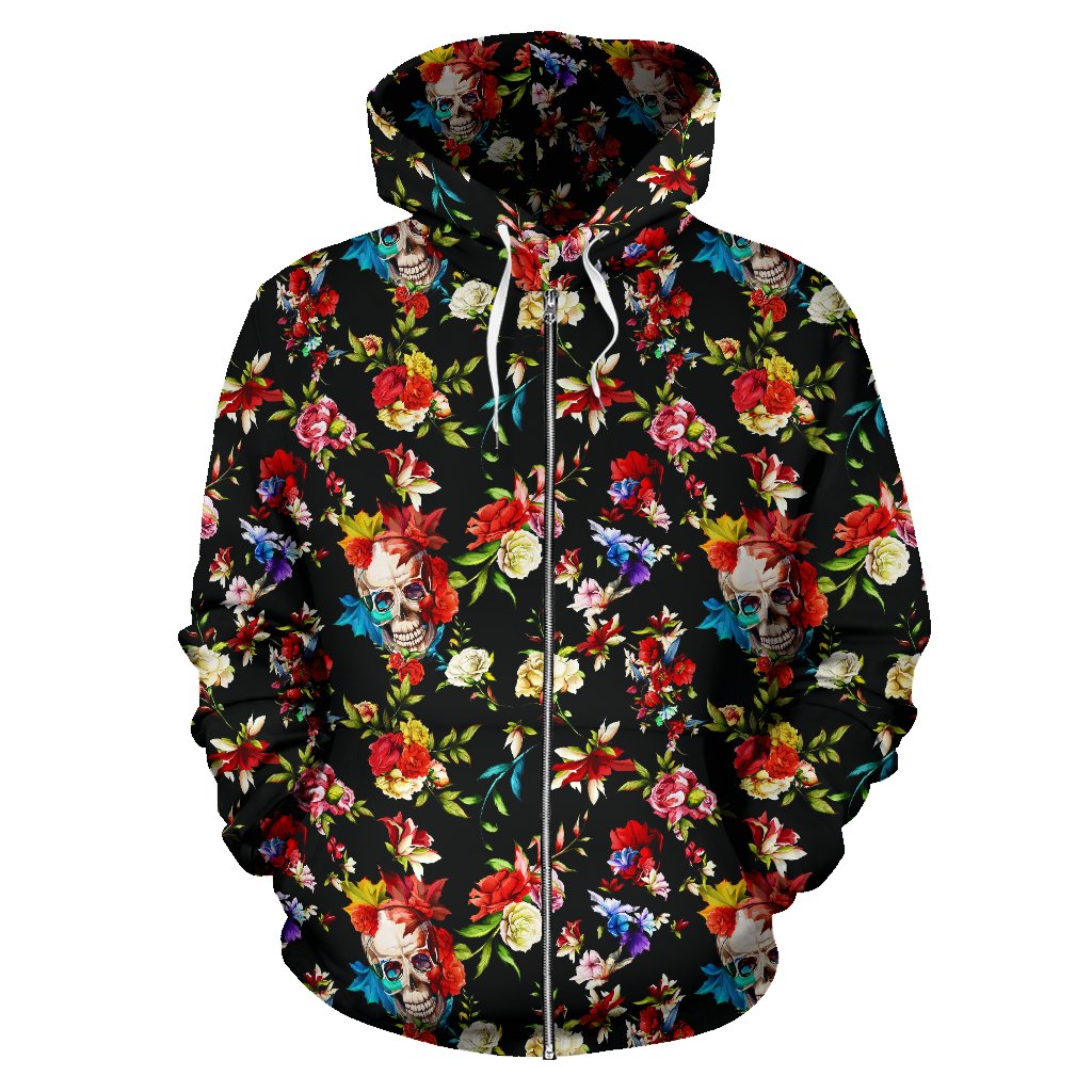 Skull Roses Flower Design Themed Print Zip Up Hoodie