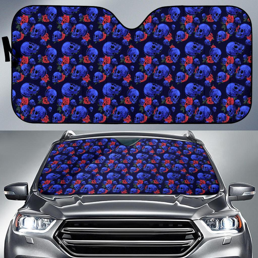 Skull Roses Neon Design Themed Print Car Sun Shade For Windshield