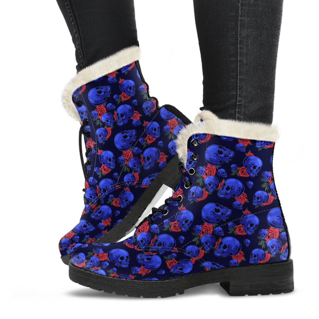 Skull Roses Neon Design Themed Print Faux Fur Leather Boots-JTAMIGO.COM