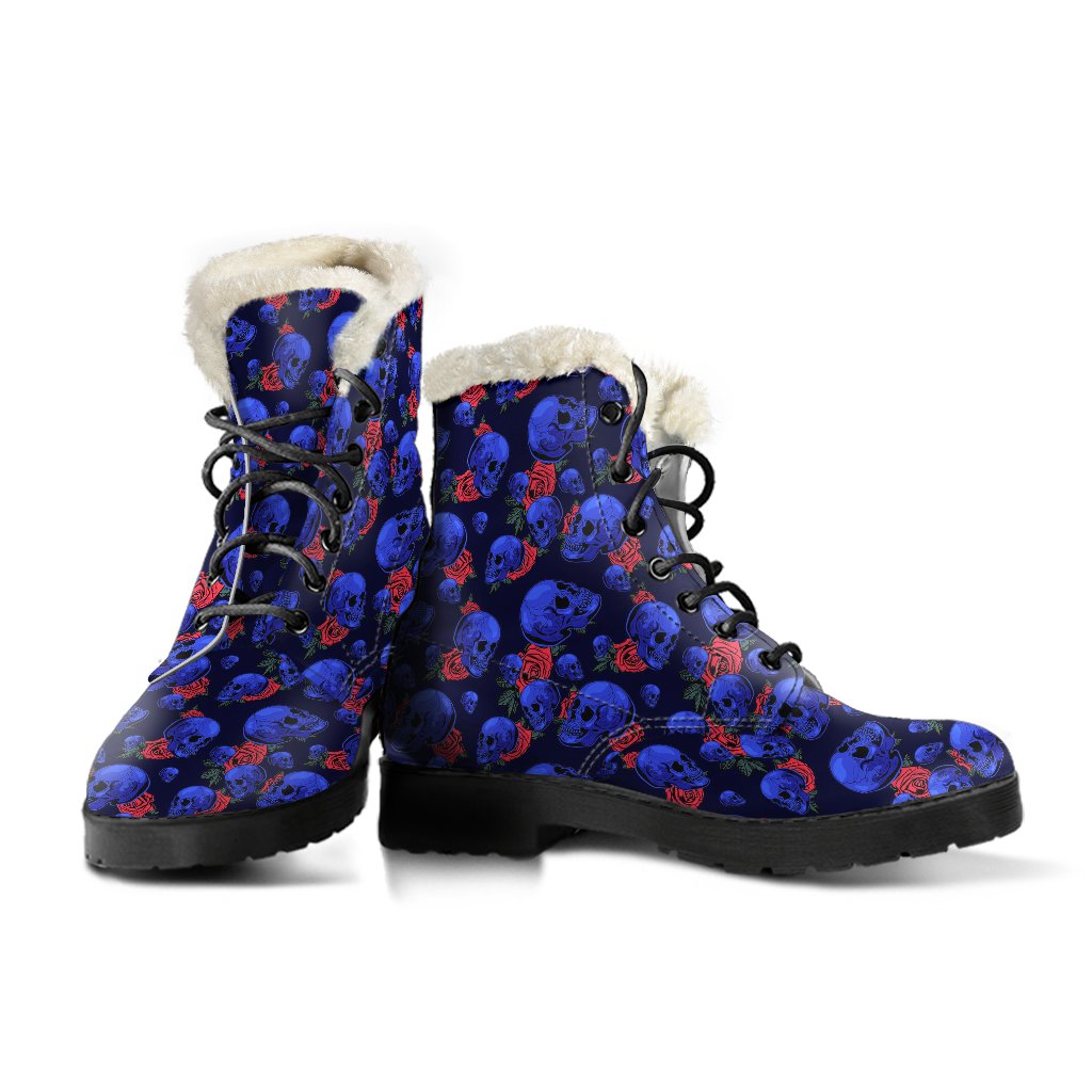 Skull Roses Neon Design Themed Print Faux Fur Leather Boots-JTAMIGO.COM