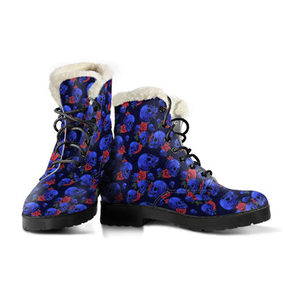 Skull Roses Neon Design Themed Print Faux Fur Leather Boots-JTAMIGO.COM