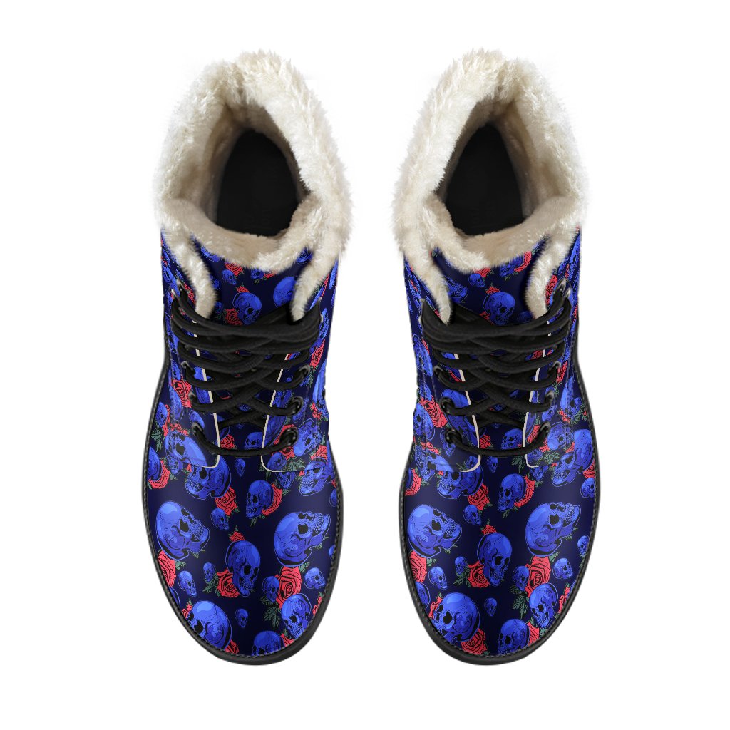 Skull Roses Neon Design Themed Print Faux Fur Leather Boots-JTAMIGO.COM