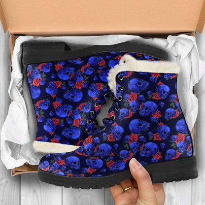 Skull Roses Neon Design Themed Print Faux Fur Leather Boots-JTAMIGO.COM