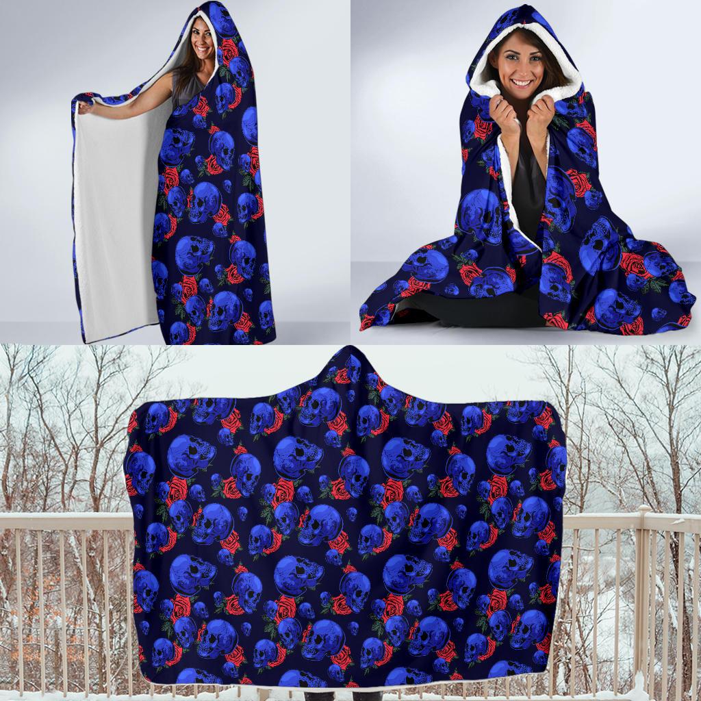 Skull Roses Neon Design Themed Print Hooded Blanket-JTAMIGO.COM