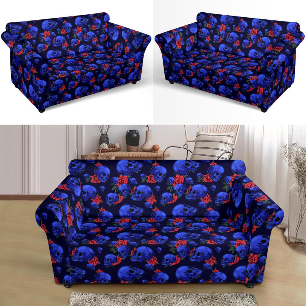 Skull Roses Neon Design Themed Print Loveseat Slipcover-JTAMIGO.COM