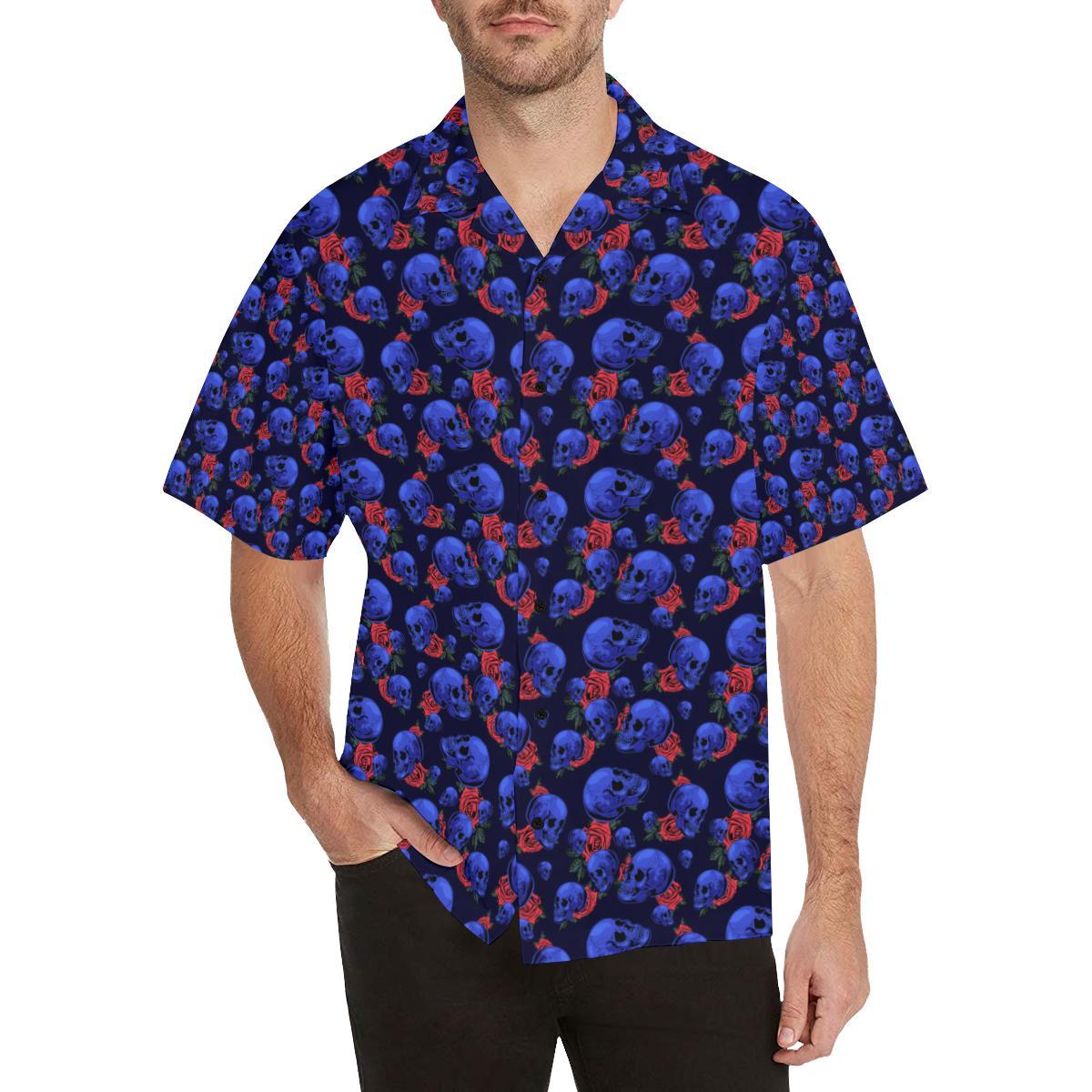 Skull Roses Neon Design Themed Print Men Aloha Hawaiian Shirt