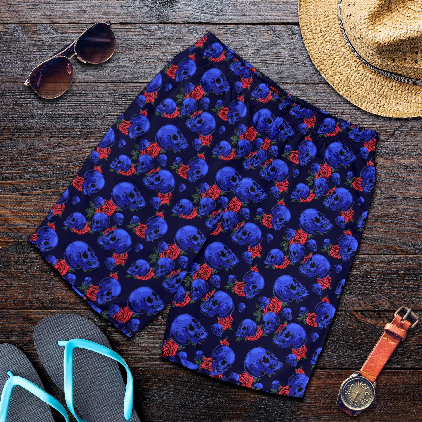Skull Roses Neon Design Themed Print Mens Shorts-JTAMIGO.COM