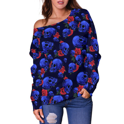 Skull Roses Neon Design Themed Print Off Shoulder Sweatshirt