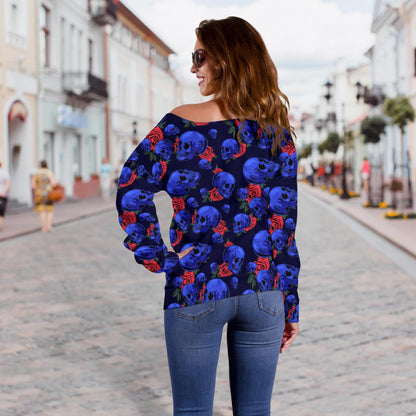 Skull Roses Neon Design Themed Print Off Shoulder Sweatshirt