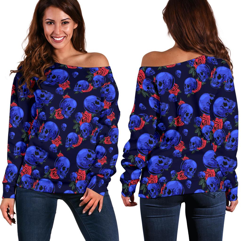 Skull Roses Neon Design Themed Print Off Shoulder Sweatshirt
