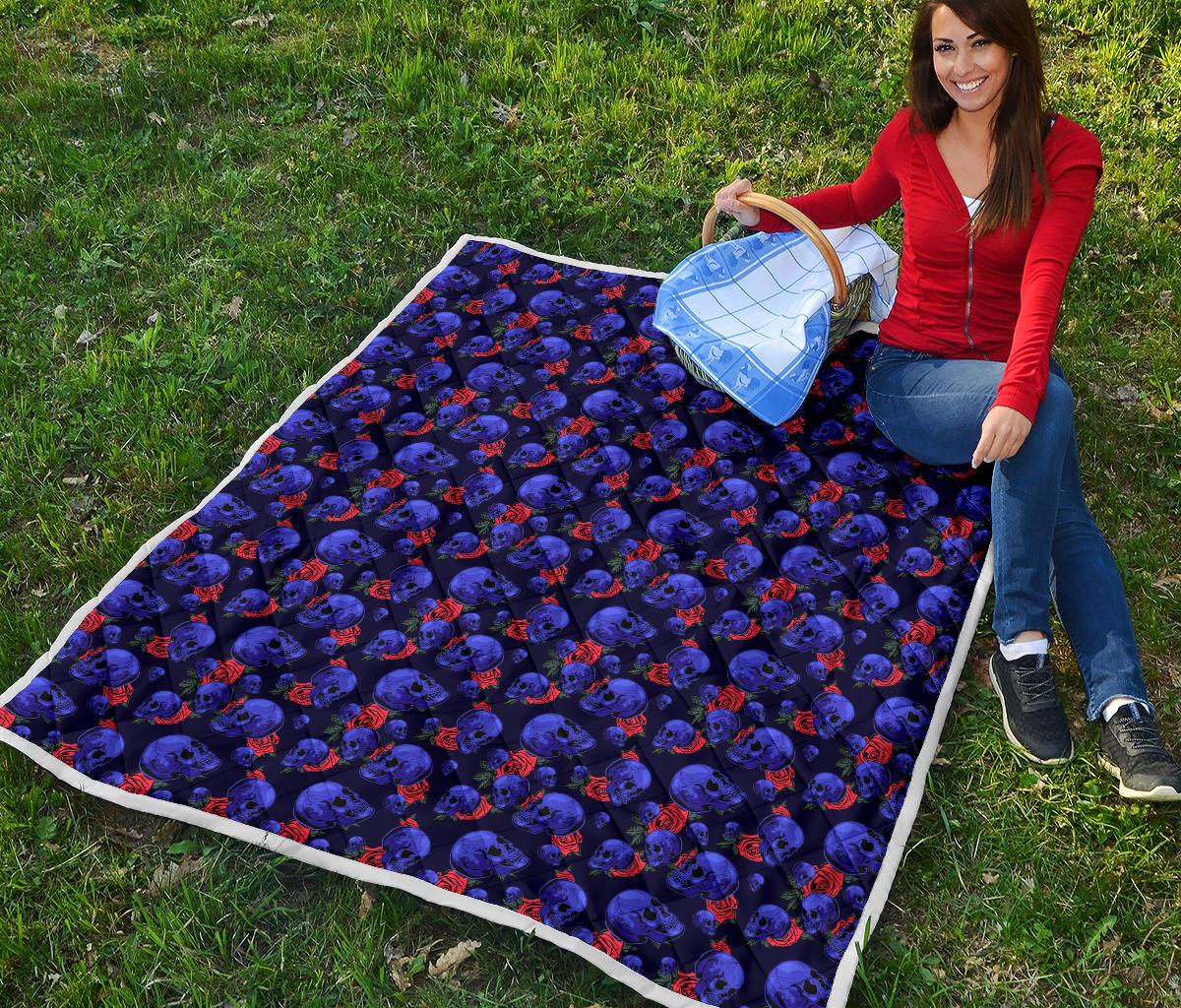 Skull Roses Neon Design Themed Print Premium Quilt-JTAMIGO.COM