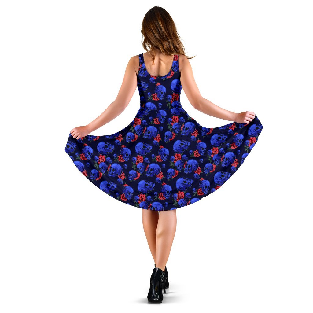 Skull Roses Neon Design Themed Print Sleeveless Dress