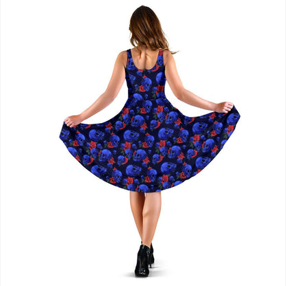 Skull Roses Neon Design Themed Print Sleeveless Dress