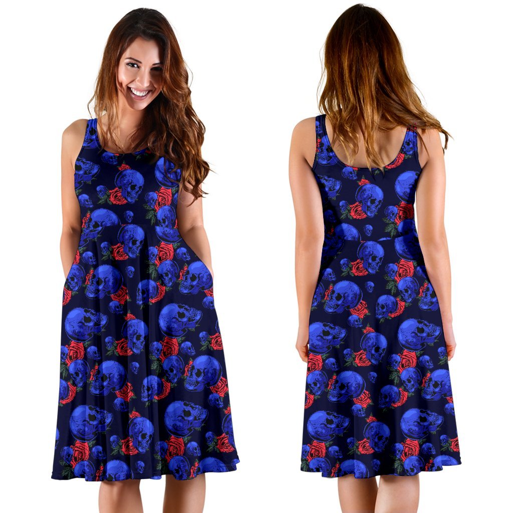Skull Roses Neon Design Themed Print Sleeveless Dress
