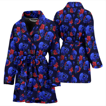 Skull Roses Neon Design Themed Print Women Bath Robe-JTAMIGO.COM